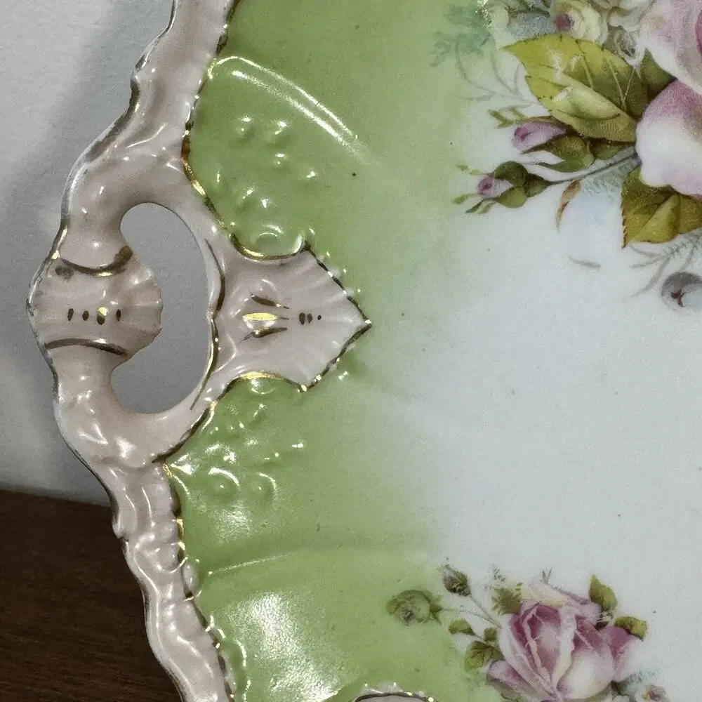 Antique Victorian Porcelain Handled Cake Plate Pink Roses Green Gold Gilt 10
